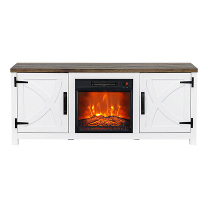 58" Farmhouse TV Stand with 18" Insert Electric Fireplace for Living Room Rustic White Brown Grey Finish PARROT UNCLE MDF Laminate Construction Modern Appeal Christmas Halloween