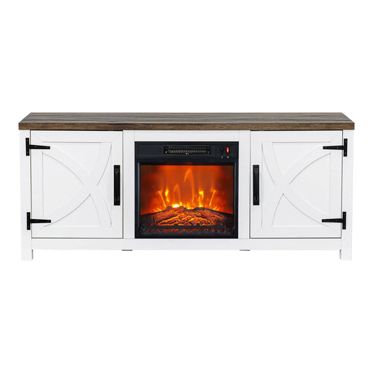 58" Farmhouse TV Stand with 18" Insert Electric Fireplace for Living Room Rustic White Brown Grey Finish PARROT UNCLE MDF Laminate Construction Modern Appeal Christmas Halloween