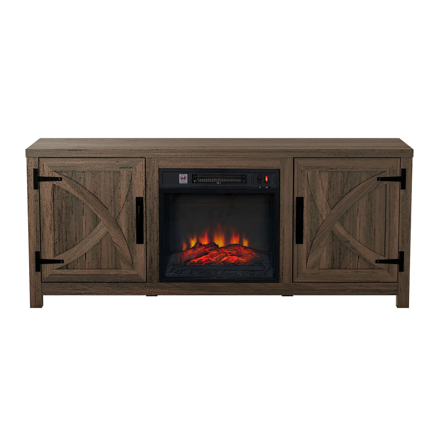 58" Farmhouse TV Stand with 18" Insert Electric Fireplace for Living Room Rustic White Brown Grey Finish PARROT UNCLE MDF Laminate Construction Modern Appeal Christmas Halloween
