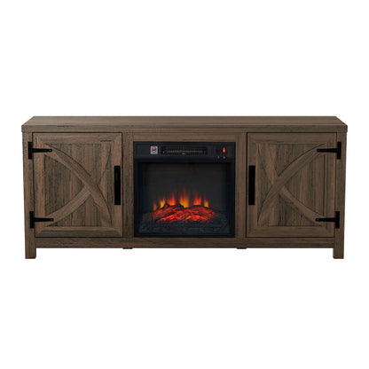58" Farmhouse TV Stand with 18" Insert Electric Fireplace for Living Room Rustic White Brown Grey Finish PARROT UNCLE MDF Laminate Construction Modern Appeal Christmas Halloween